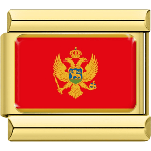 Gold-bordered Italian charm displaying Montenegro’s red flag with golden double-headed eagle and crown, centered above a blue shield.